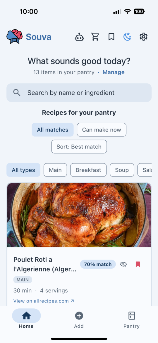 The Souva app home screen showing recipes ranked by how well they match your pantry